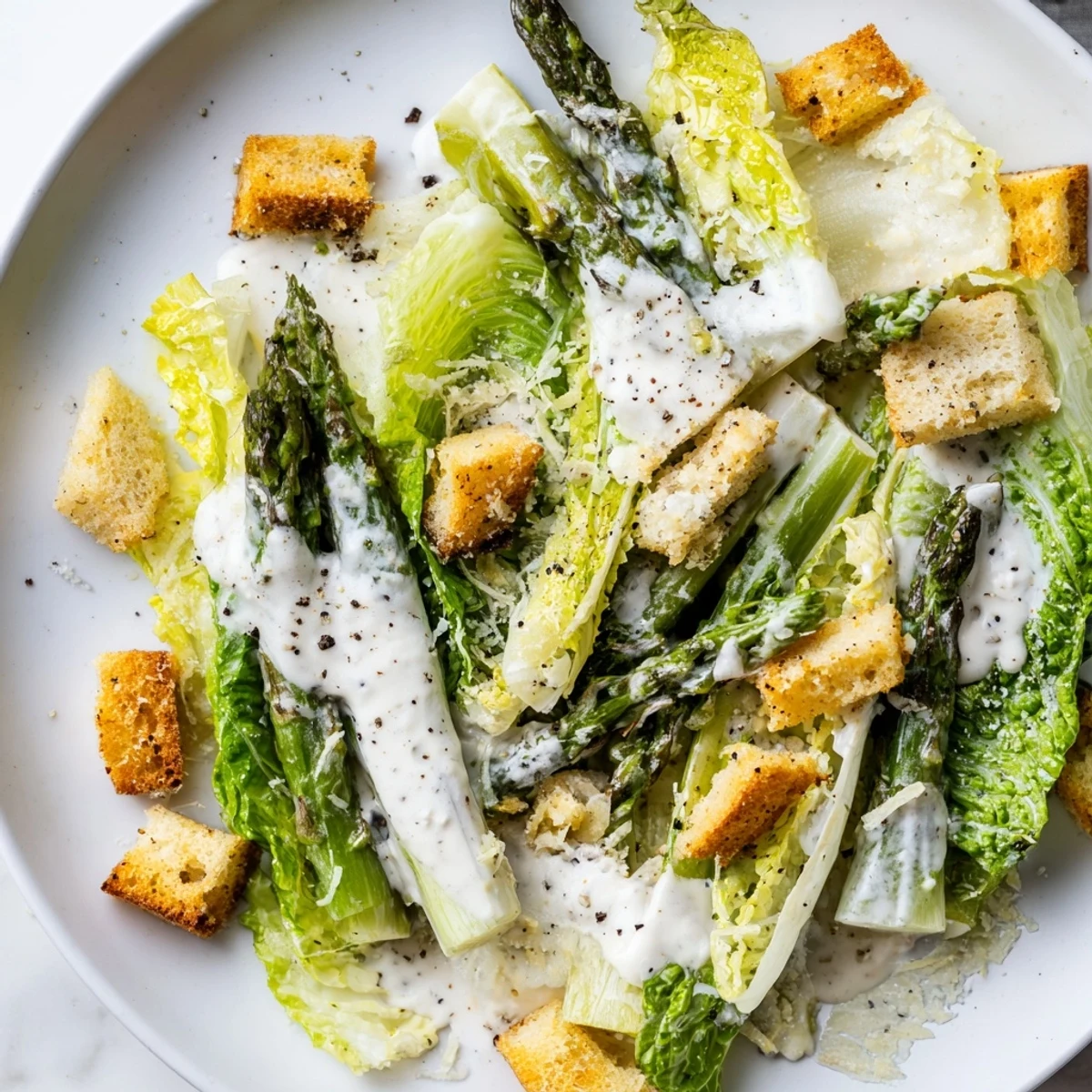 Golden roasted asparagus spears rest atop crisp romaine in this Roasted Asparagus Caesar Salad with crunchy croutons.