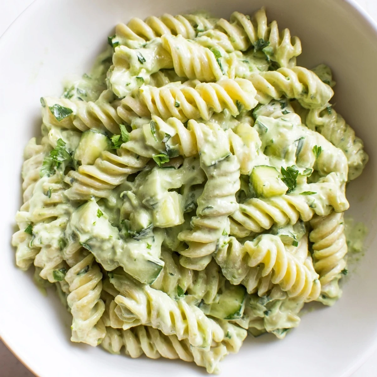 A close-up of vibrant Green Goddess Pasta Salad, showcasing fusilli coated in creamy avocado dressing with fresh cucumber and herbs.