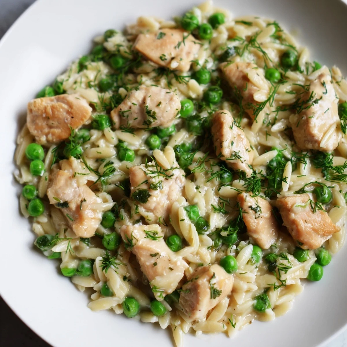 Close-up of tender chicken thighs and peas mixed with orzo in a zesty lemon sauce, served in a skillet.