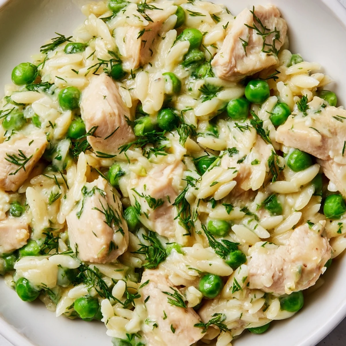 A finished Lemon Herb Chicken Orzo Skillet, garnished with parsley and dill, steam rising from the one-pan dinner.  