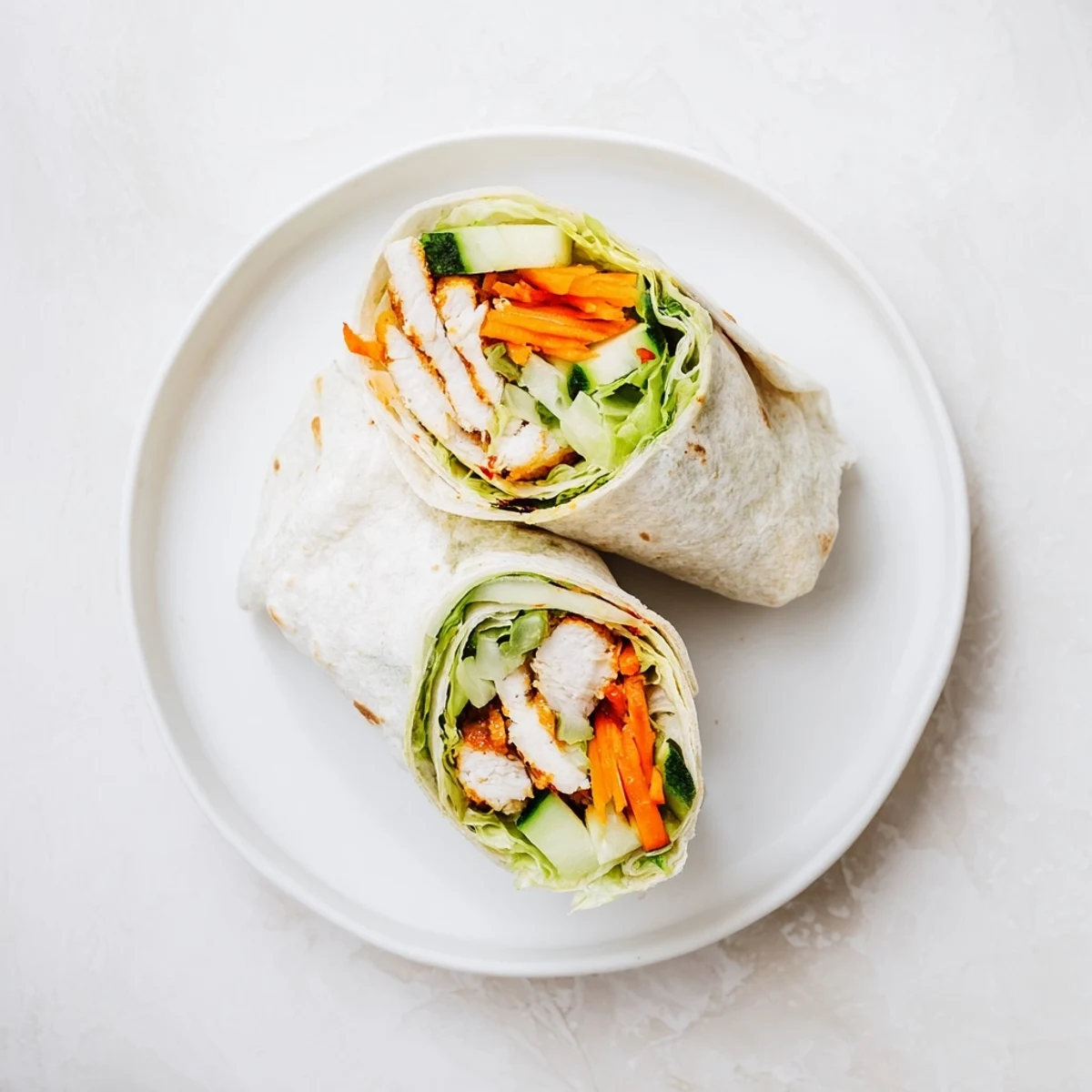 A vibrant, sliced Honey Chili Crunch Chicken Wrap on a plate, revealing colorful fillings and a drizzle of spicy-sweet sauce.