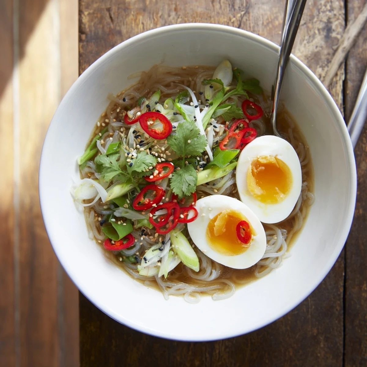 A comforting bowl of Shirataki Noodles With Broth garnished with soft-boiled egg halves, chili slices, and fresh herbs, steaming in a ceramic bowl.