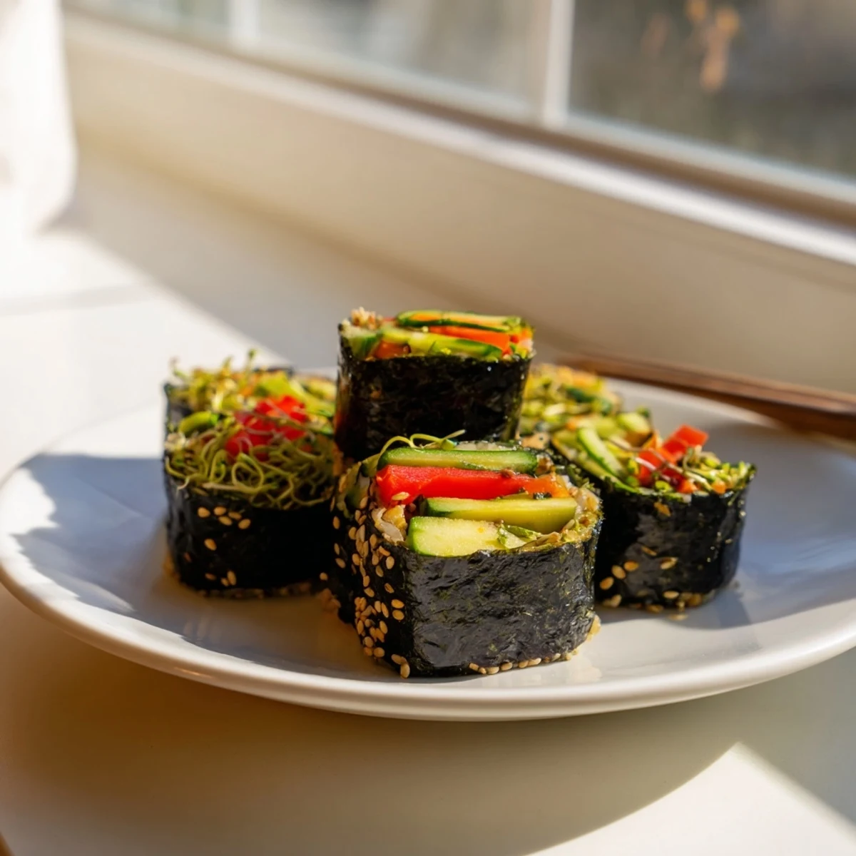 Fresh Nori Rolls with Vegetables displayed on a white platter, featuring crisp cucumber, creamy avocado, and crunchy sprouts ready to dip in soy sauce.