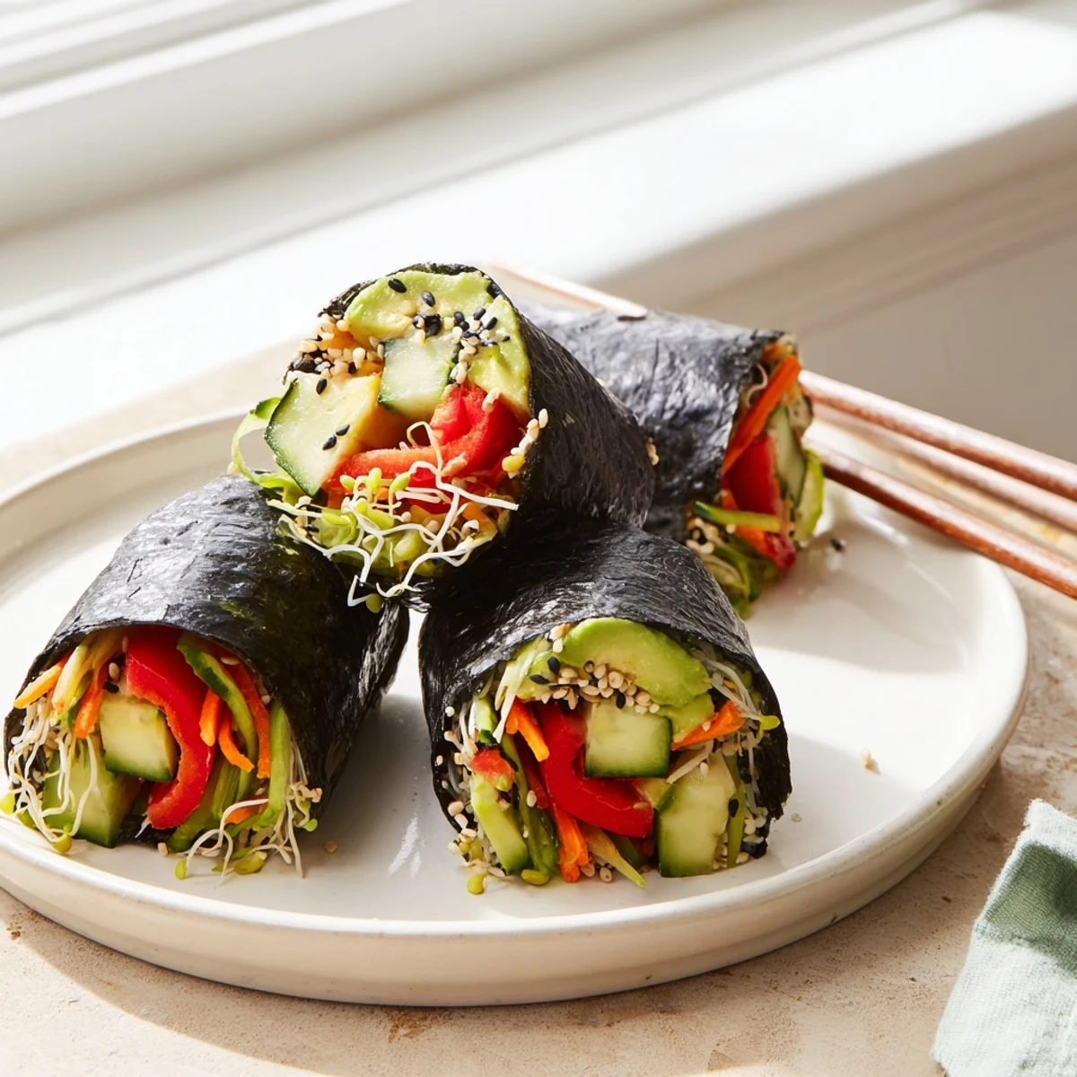 Homemade Nori Rolls with Vegetables served with pickled ginger and wasabi, perfect for a healthy vegan snack or light Japanese-inspired meal.