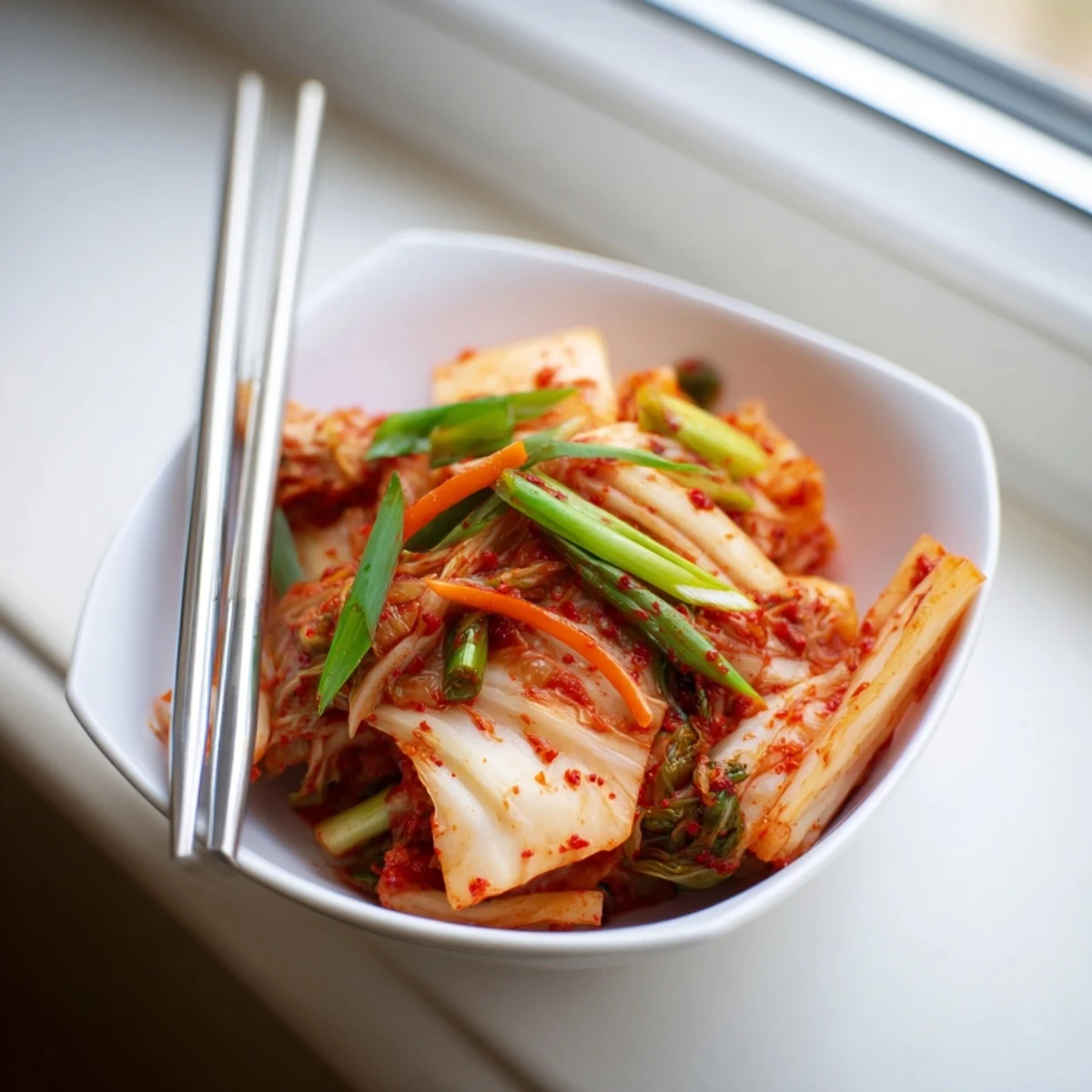 Freshly made kimchi in a glass jar shows vibrant red chili-coated napa cabbage and crunchy daikon radish, ready to ferment.