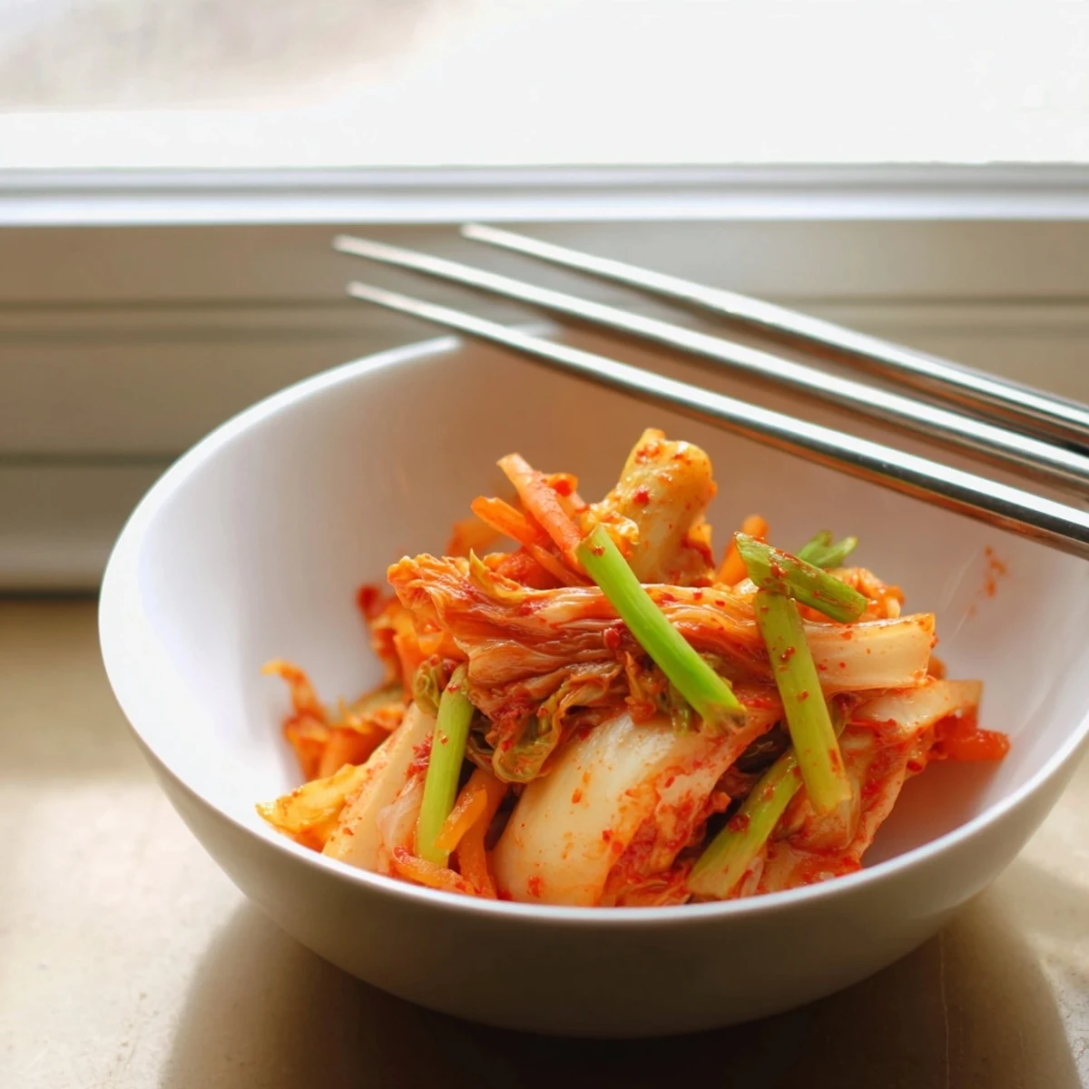 Spicy, tangy kimchi in a clear bowl highlights fermented napa cabbage, julienned daikon, and scallions, perfect for a Korean meal.