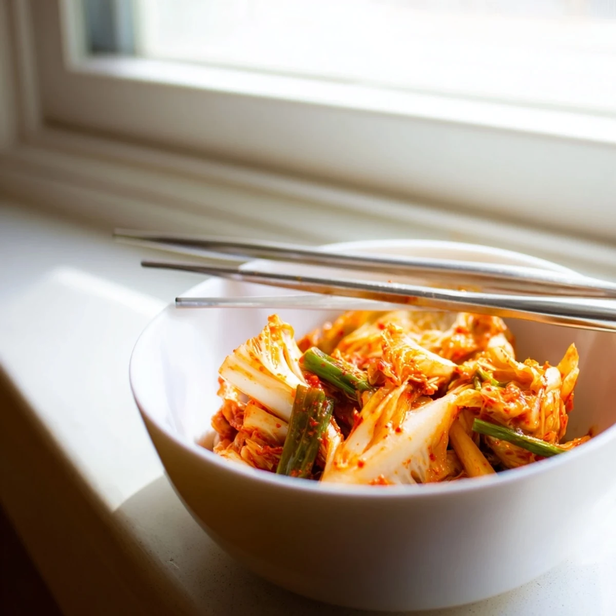 Homemade vegan kimchi with crimson gochugaru paste on cabbage and radish, served alongside steamed rice for a probiotic side.
