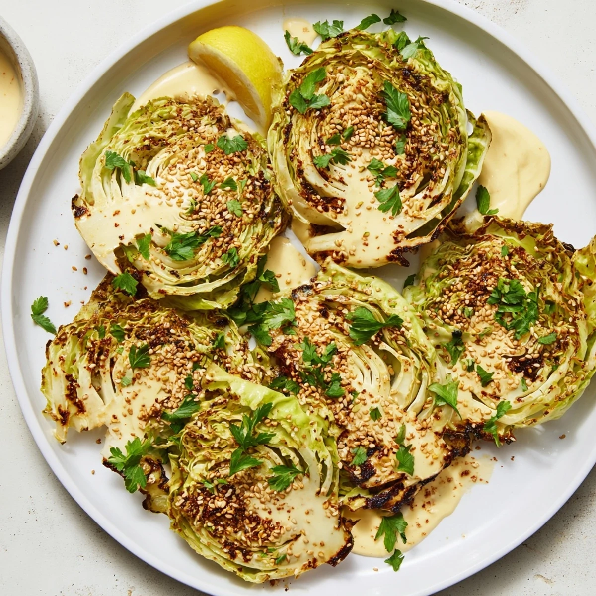 Golden roasted cabbage steaks with a creamy tahini drizzle and fresh parsley garnish.  