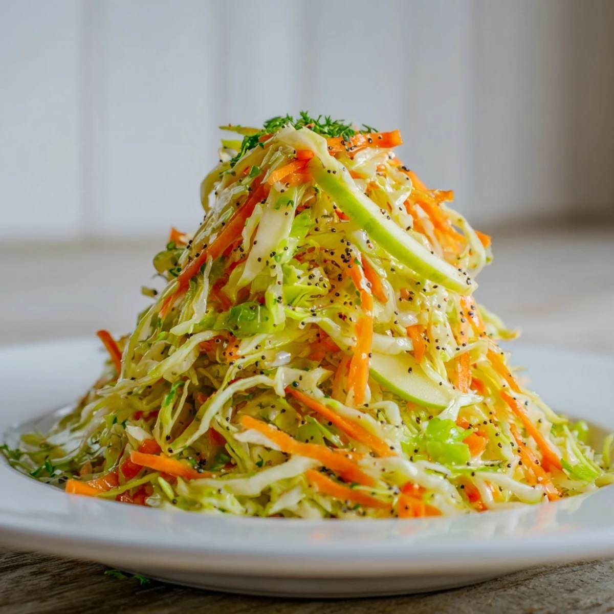 Green Cabbage and Apple Slaw served in a white bowl with a fork, ideal for picnics and summer barbecues.  