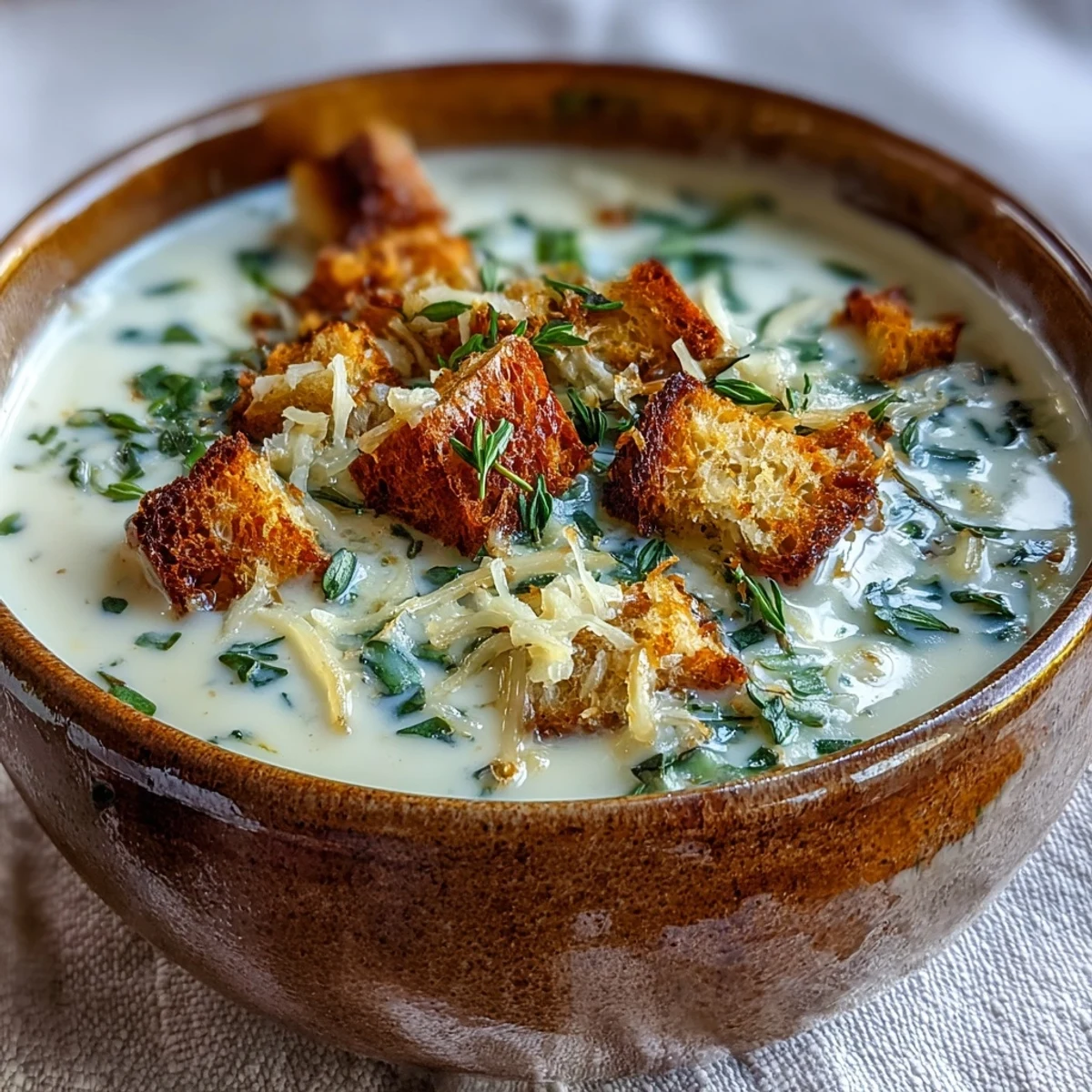 Hearty Garlic and Herb Soup, gently simmered and garnished with fresh parsley.