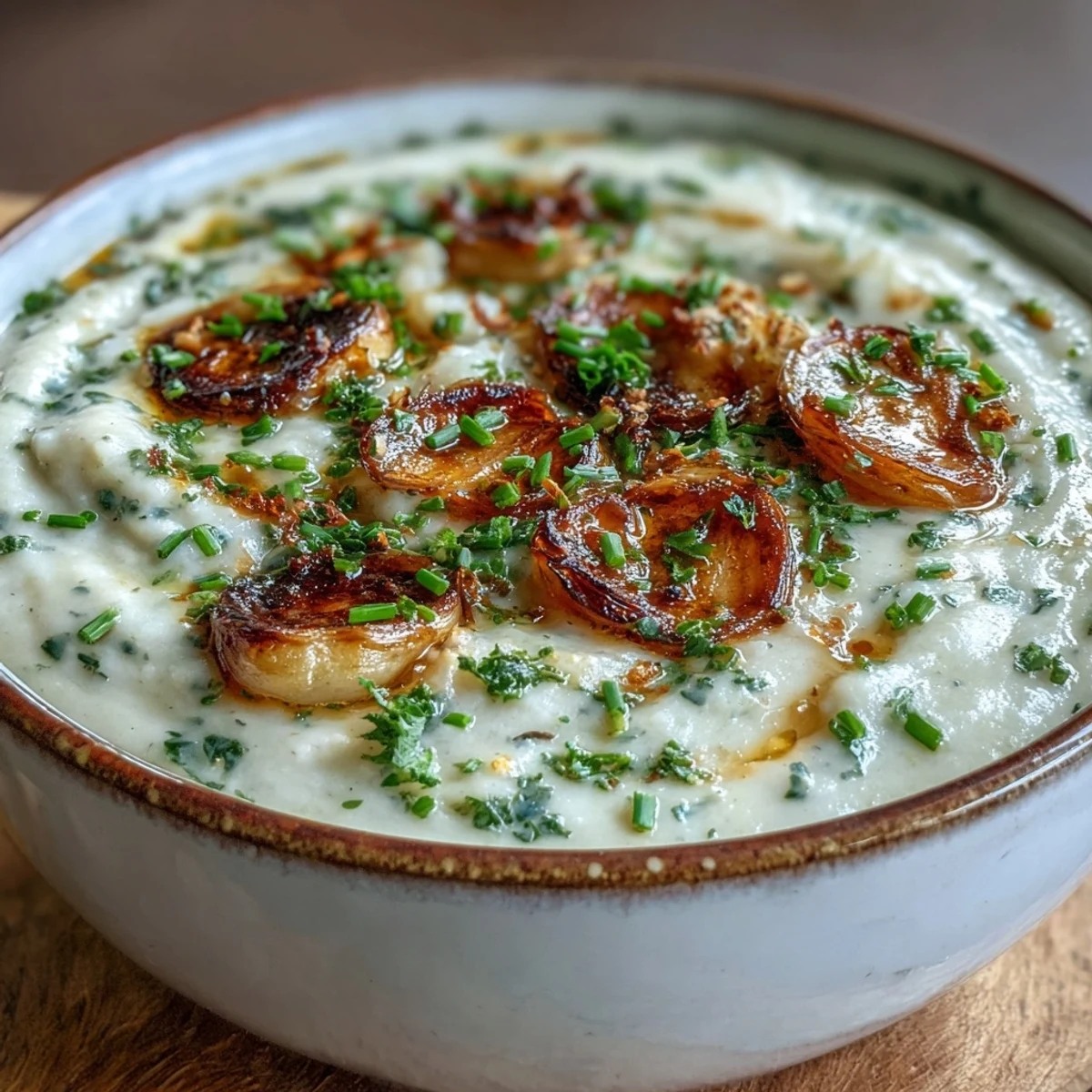 Deliciously creamy roasted garlic and herb soup, perfect with crusty bread.