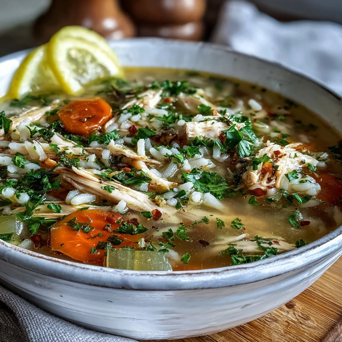 Hearty Cozy Winter Chicken and Rice Soup photo featuring tender chicken and fluffy rice.