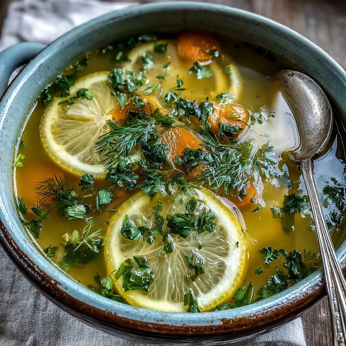 Bright Lemon Herb Soup shimmering, filled with fresh herbs and zesty lemon.