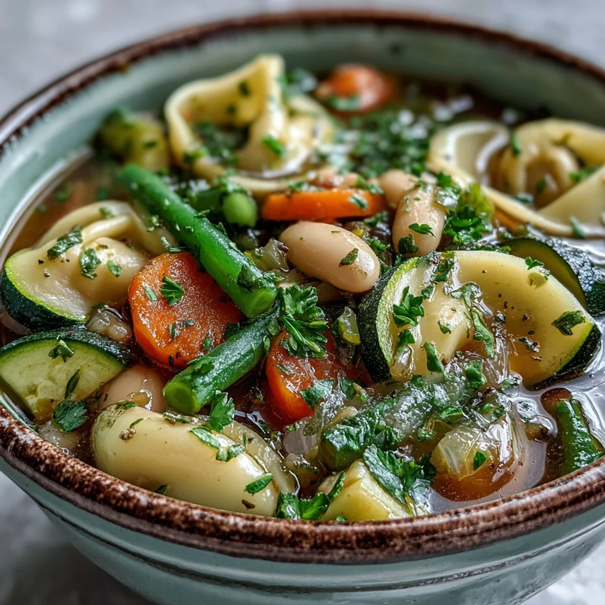 Hearty vegetable minestrone variations served steaming hot in a rustic bowl.