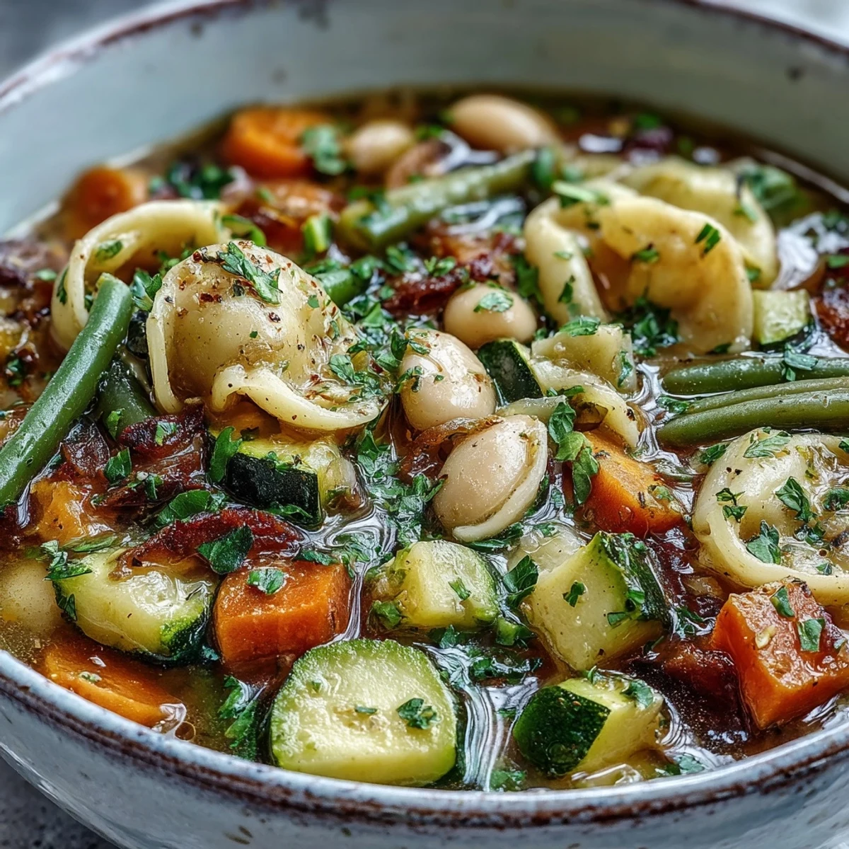Colorful vegetable minestrone loaded with pasta, beans, and fresh spring vegetables.