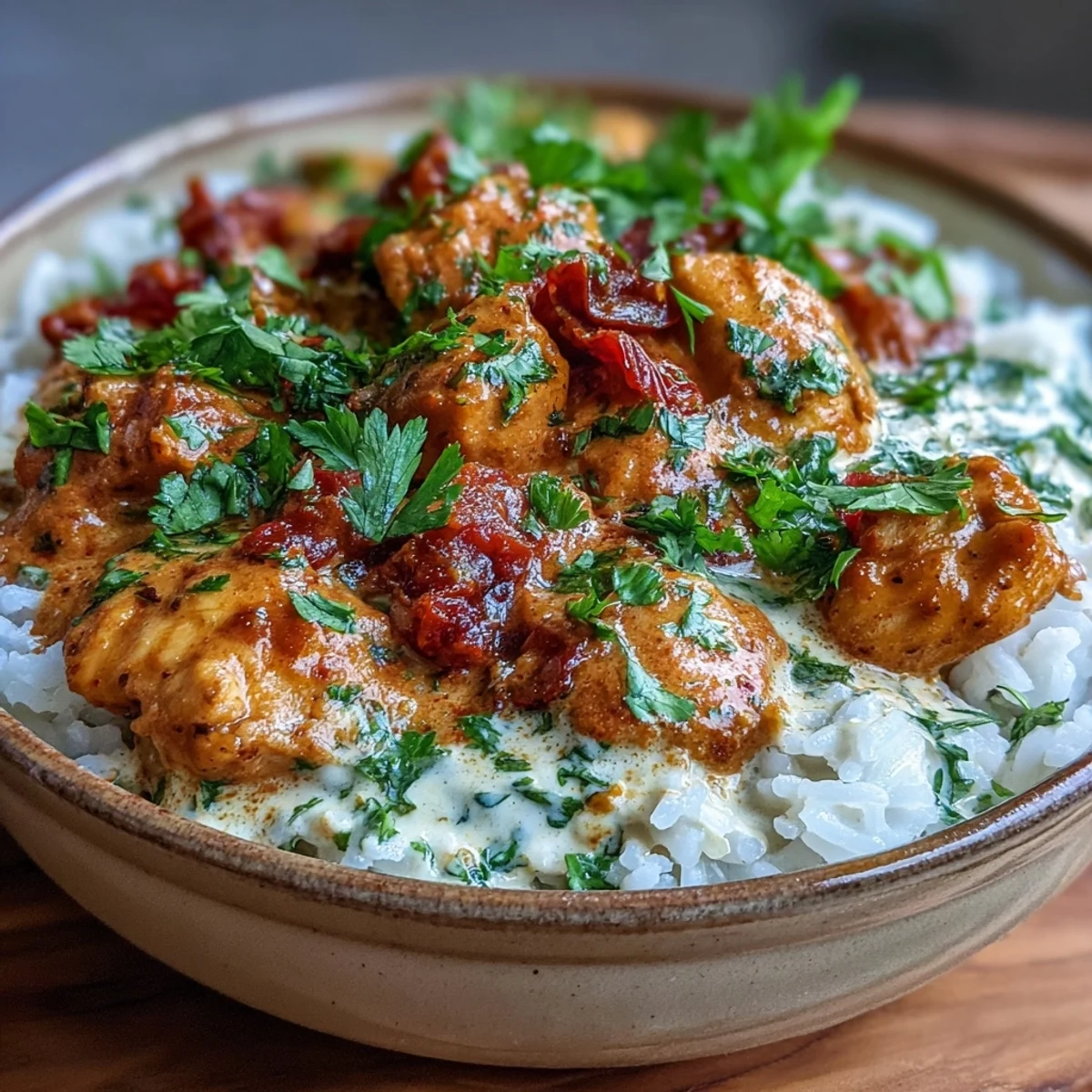Golden, creamy Easy Chicken Curry simmering in a skillet garnished with fresh cilantro.