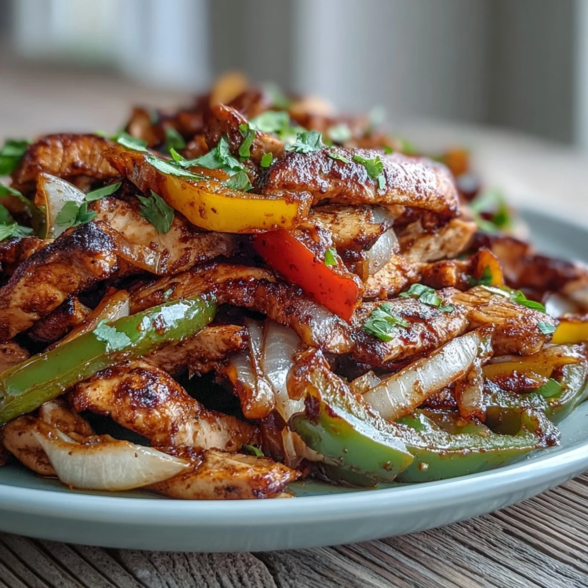 Homemade Easy Chicken Fajitas with vibrant peppers and onions on a rustic plate.