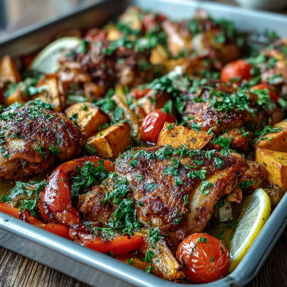 Juicy piri-piri chicken thighs roasted with golden sweet potatoes and bell peppers on a traybake.