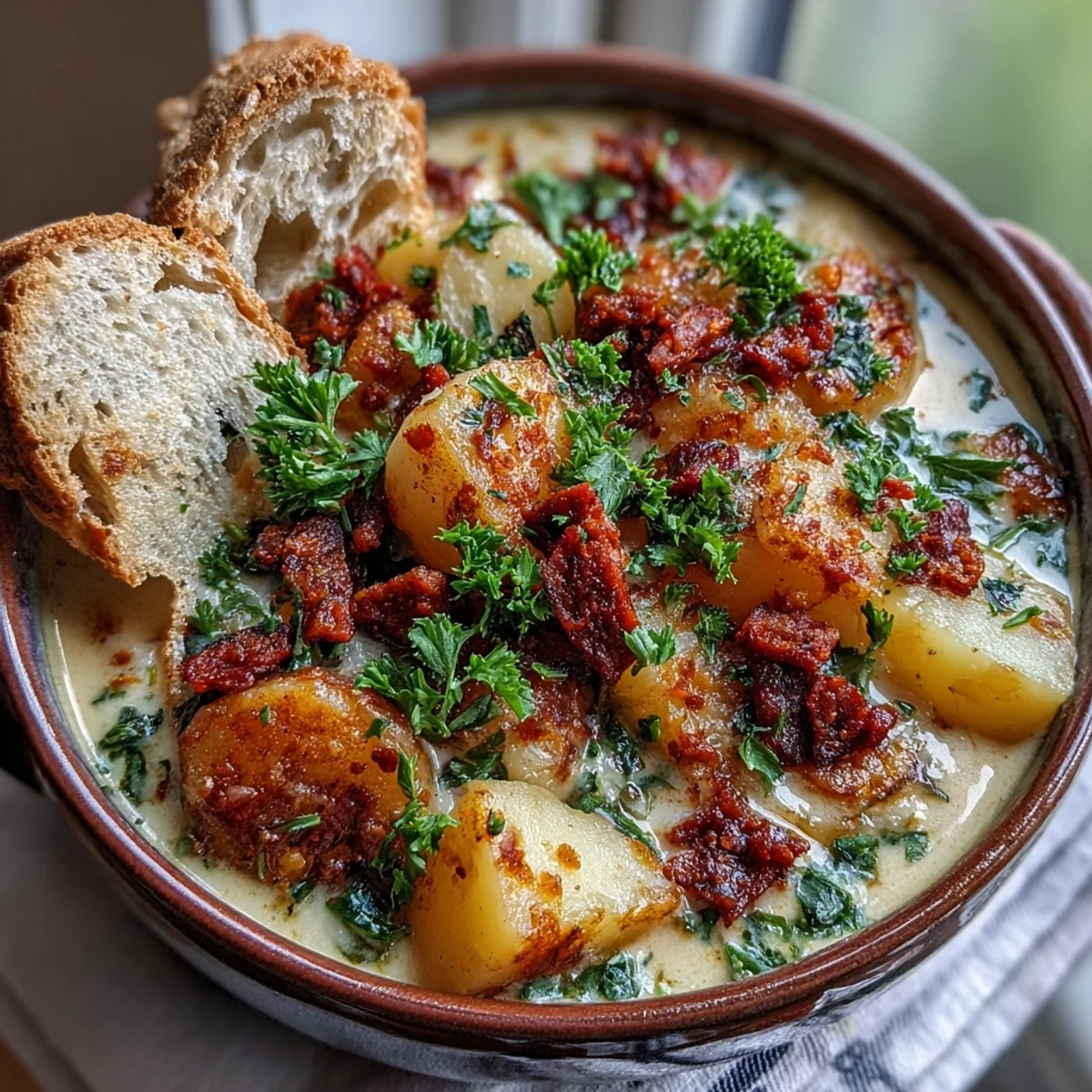 Creamy Potato, Leek and Chorizo Soup garnished with parsley and served with rustic bread, visible steam rising.