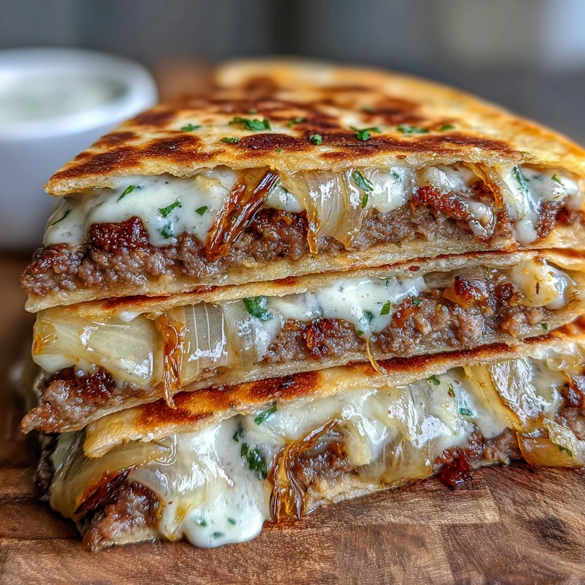 Golden-brown Cheesy Griddled Smashburger Quesadillas sliced into wedges, revealing melted cheddar and American cheese layered over thin beef patties.