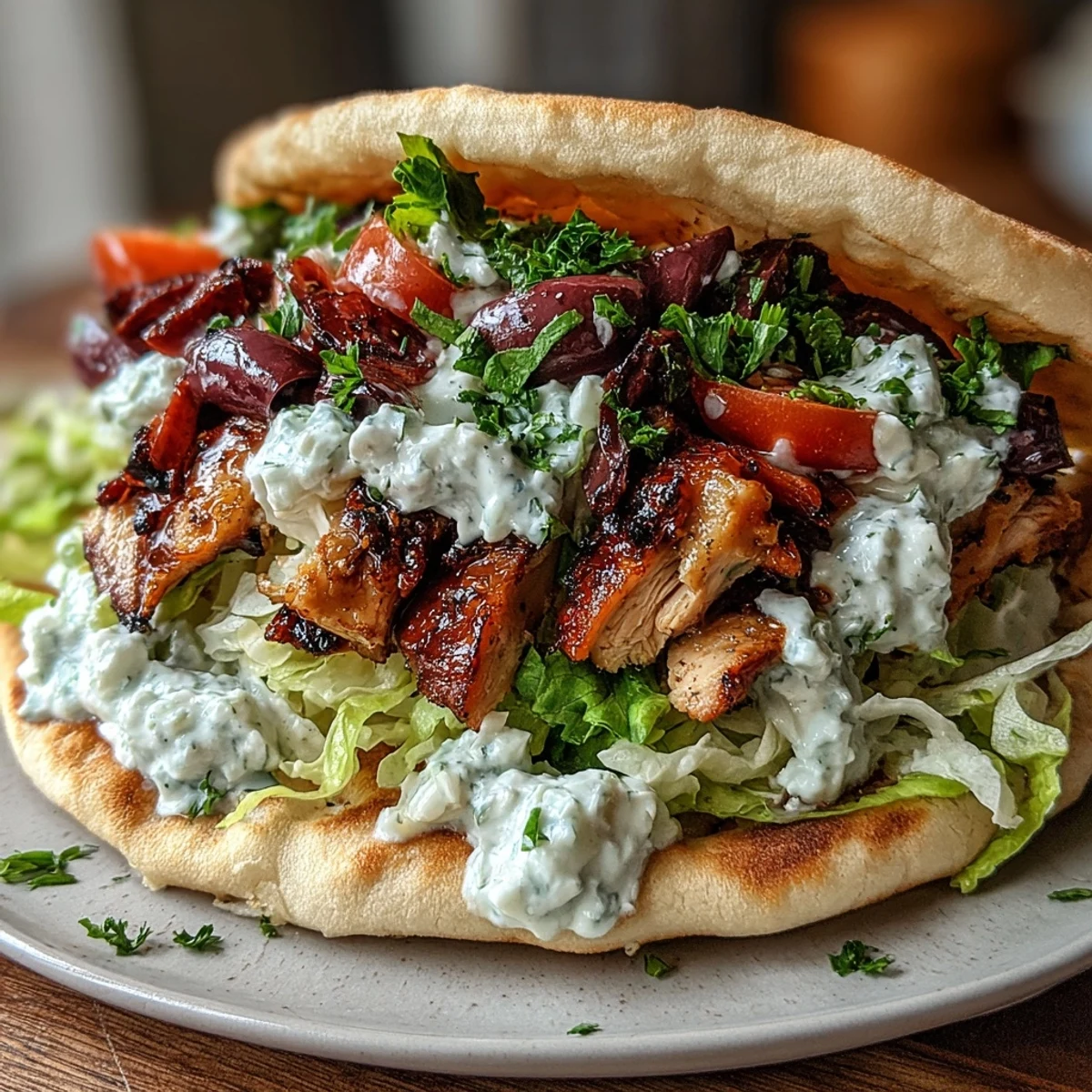 Sizzling, charred Mediterranean Chicken Gyros with Creamy Feta Tzatziki are piled high on a warm pita bread.