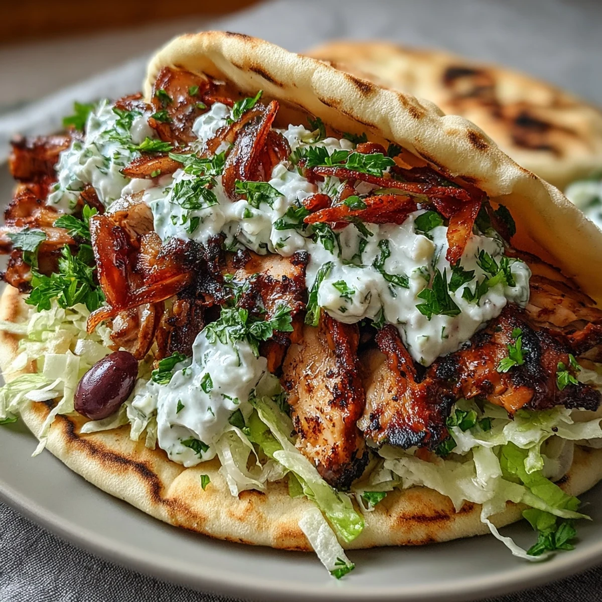 Fresh diced tomatoes, crisp lettuce, and Kalamata olives add bright color and texture to the gyro.