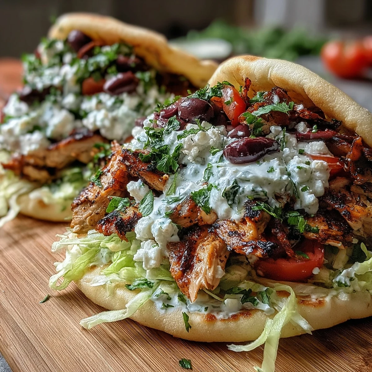 A dollop of creamy feta tzatziki sauce is drizzled over the top for a tangy finish.