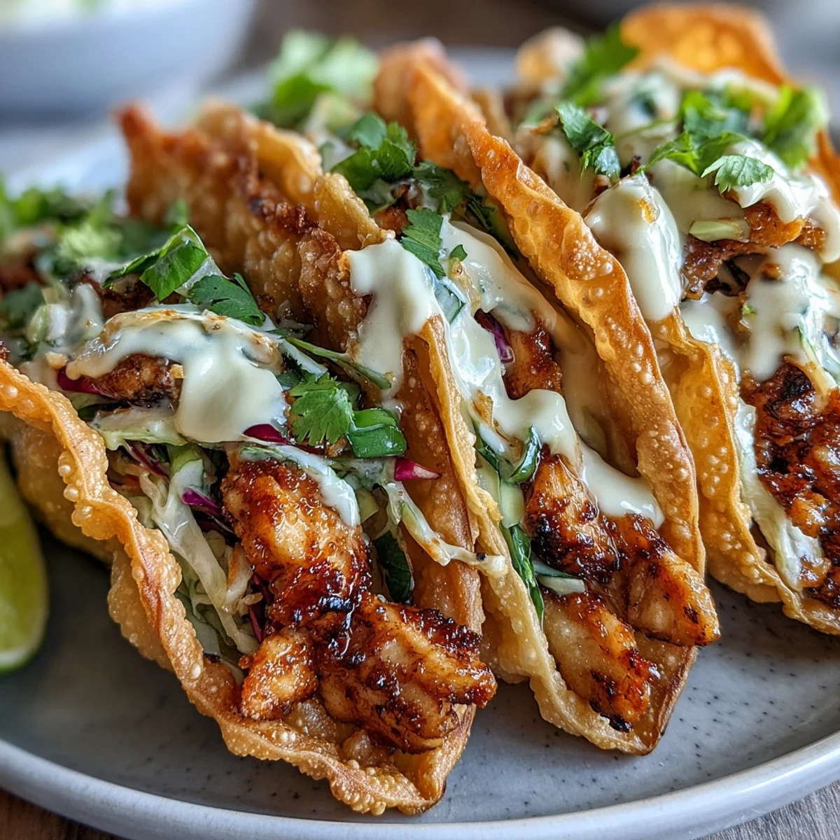 Golden brown crispy wonton taco shells filled with ginger-marinated chicken, tangy slaw, and creamy sriracha mayo.
