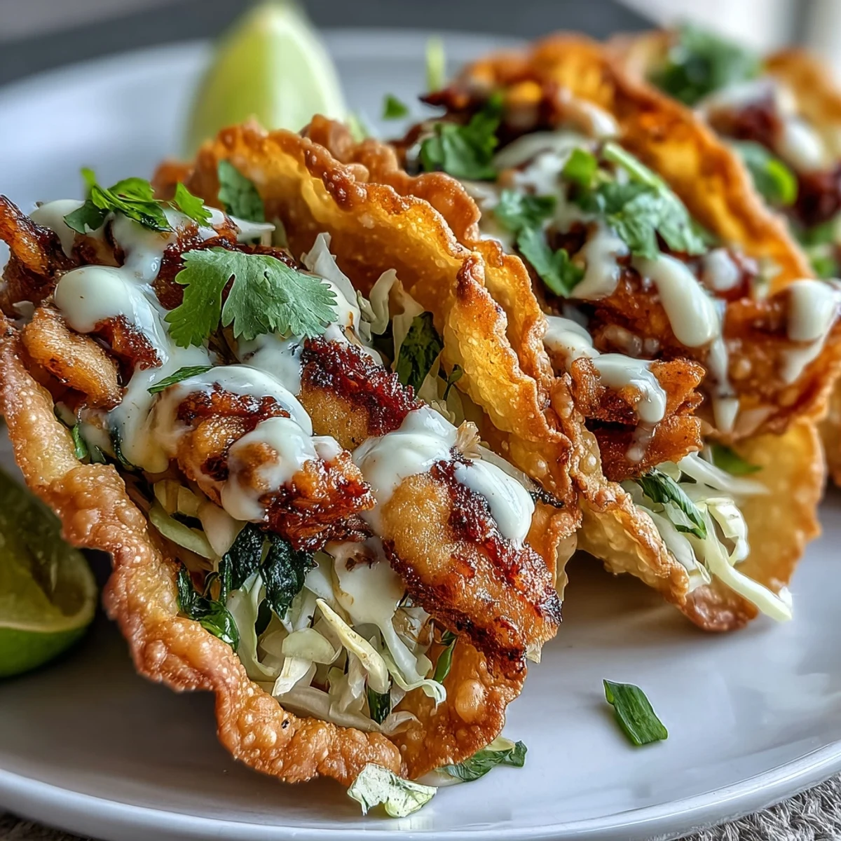 Spicy Asian fusion Crispy Chicken Wonton Tacos with shredded cabbage, carrots, and drizzled sriracha mayo sauce.