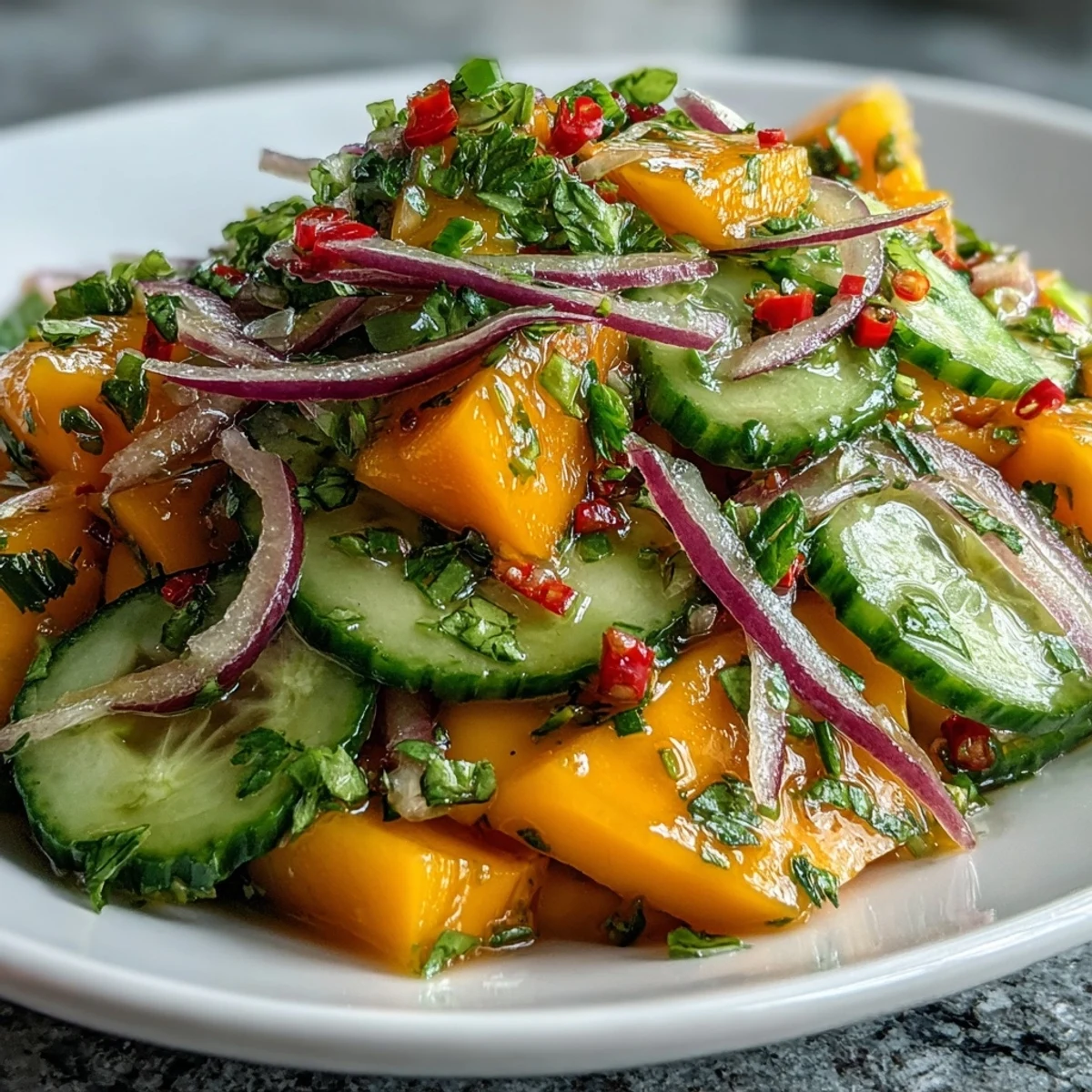Bright strips of mango and crisp veggies in a Refreshing Mango Salad with Lime Dressing, topped with cilantro and chilies.