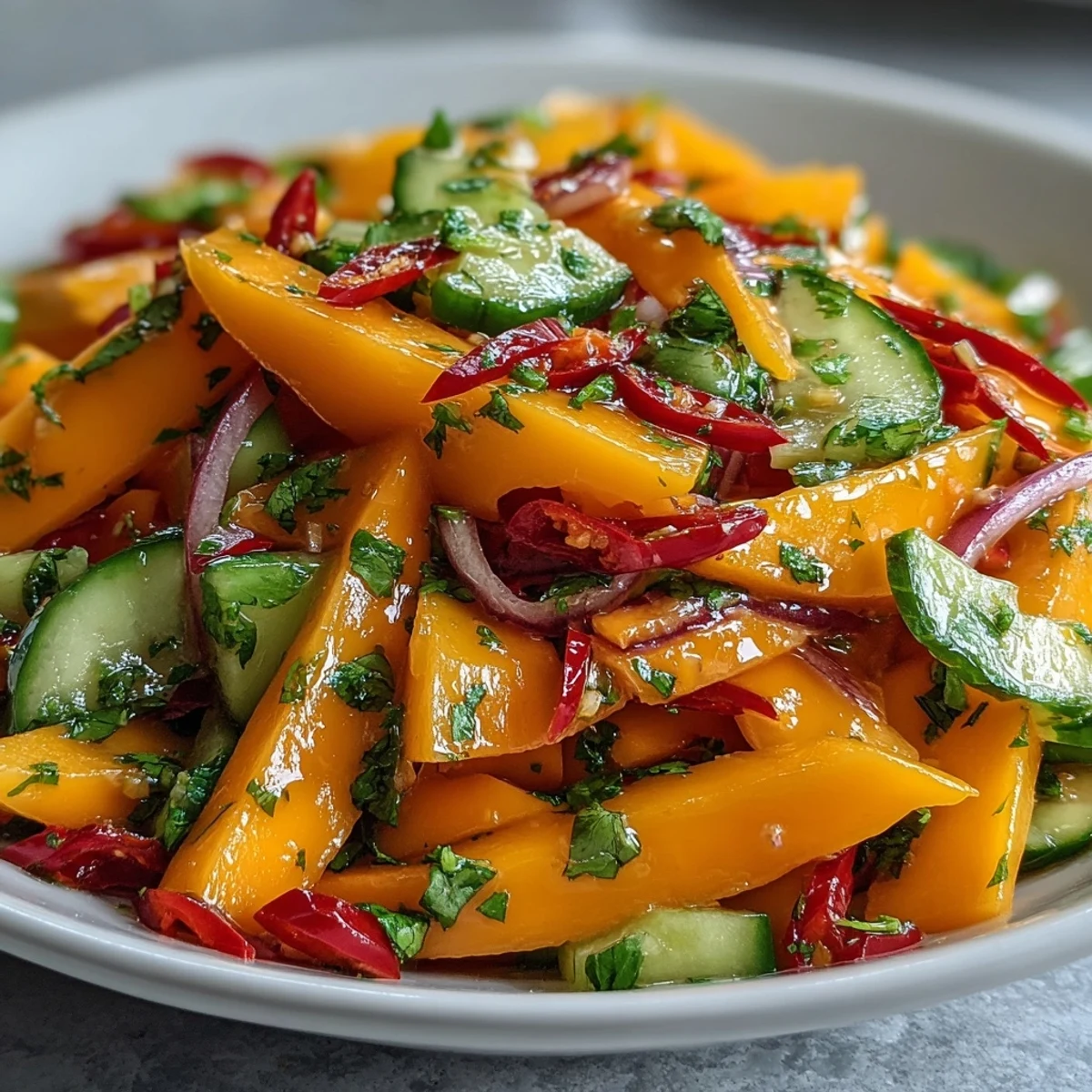 Glossy mango ribbons, red onion slices, and green cilantro flecks tossed in Refreshing Mango Salad with Lime Dressing.