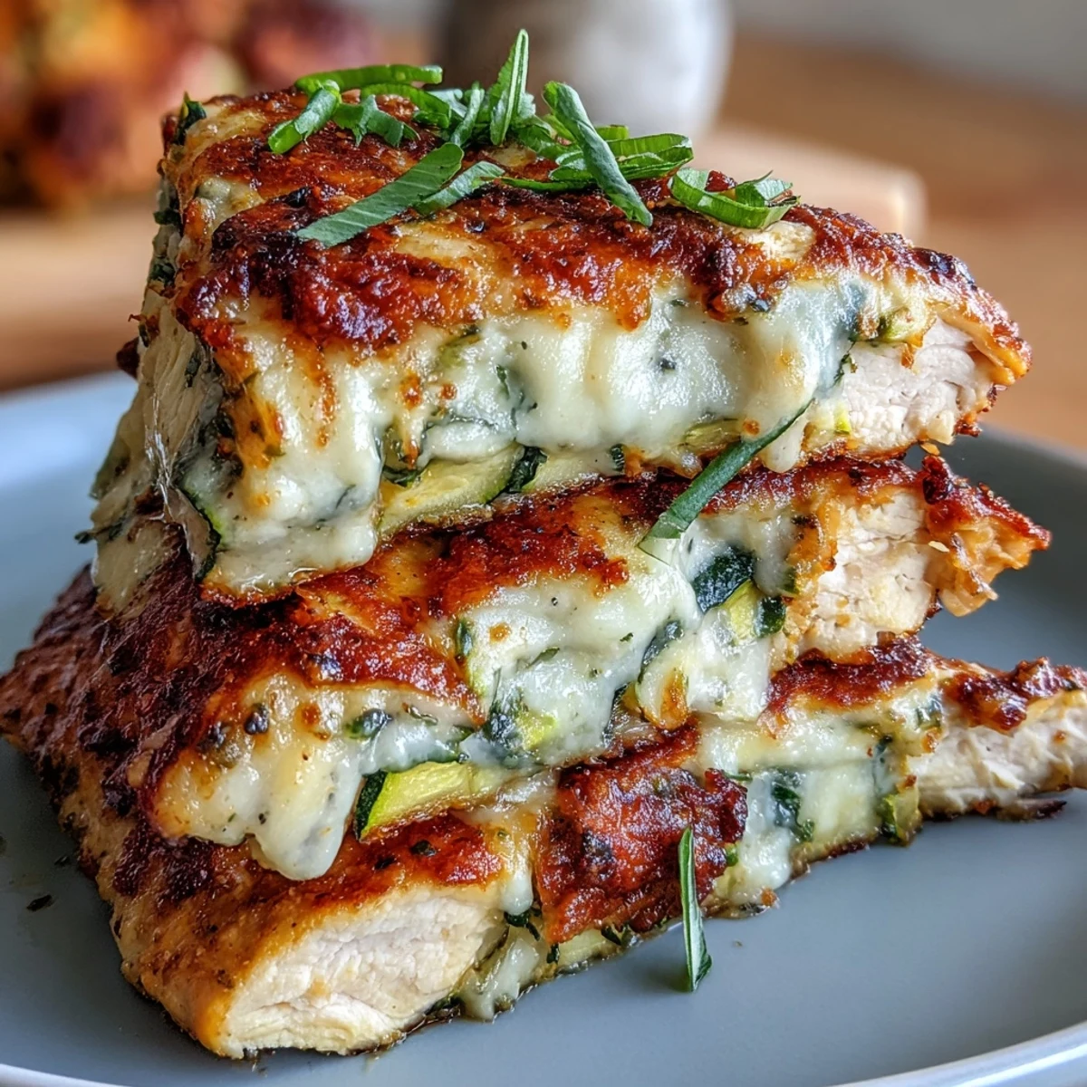 Golden-baked High Protein Chicken Zucchini Bake served warm in a dish, garnished with fresh parsley.