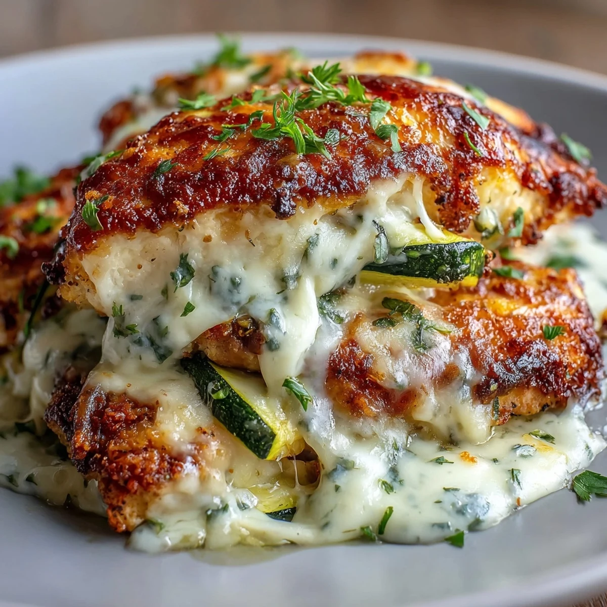 An overhead view of High Protein Chicken Zucchini Bake, highlighting creamy texture and bubbly mozzarella topping.
