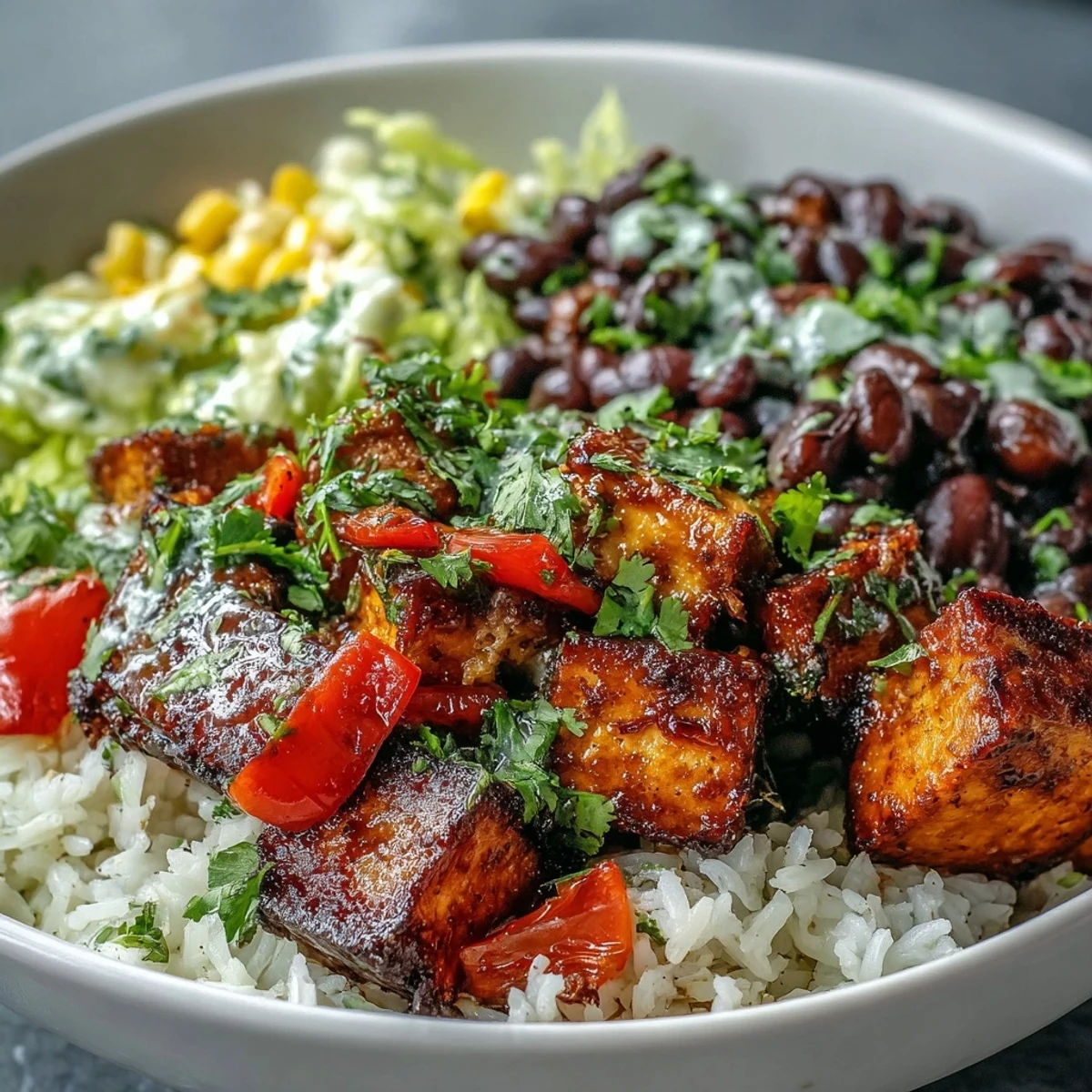 A vibrant, customizable Meal Prep Burrito Bowl Base in a glass container with fluffy rice, hearty black beans, and seasoned chicken.