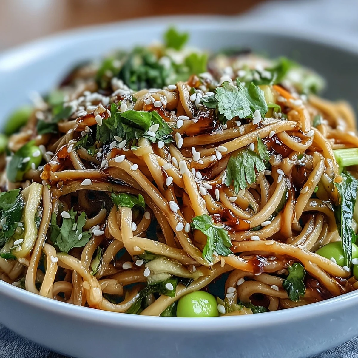 A vibrant Soba Noodle Bowl with crisp cucumber, carrots, and edamame, drizzled with a glossy sesame dressing and topped with toasted seeds.  