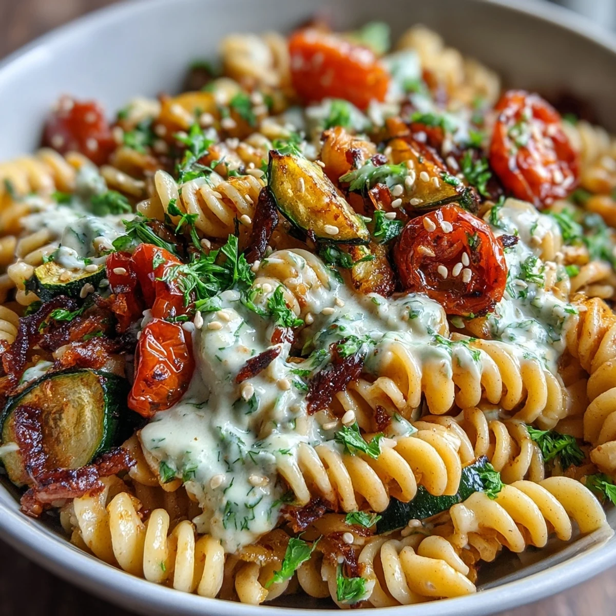 Close-up of a vibrant Chickpea Pasta Bowl with roasted zucchini, bell peppers, and a creamy tahini drizzle.