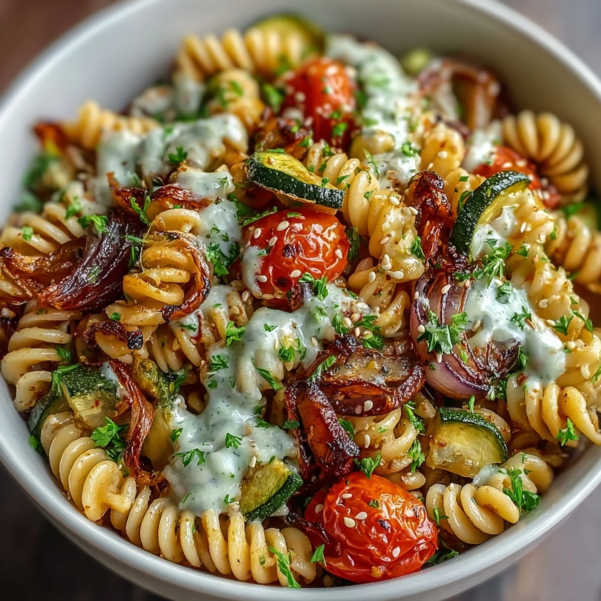 Overhead view of a Chickpea Pasta Bowl featuring colorful roasted vegetables and glistening tahini sauce, ready to serve.