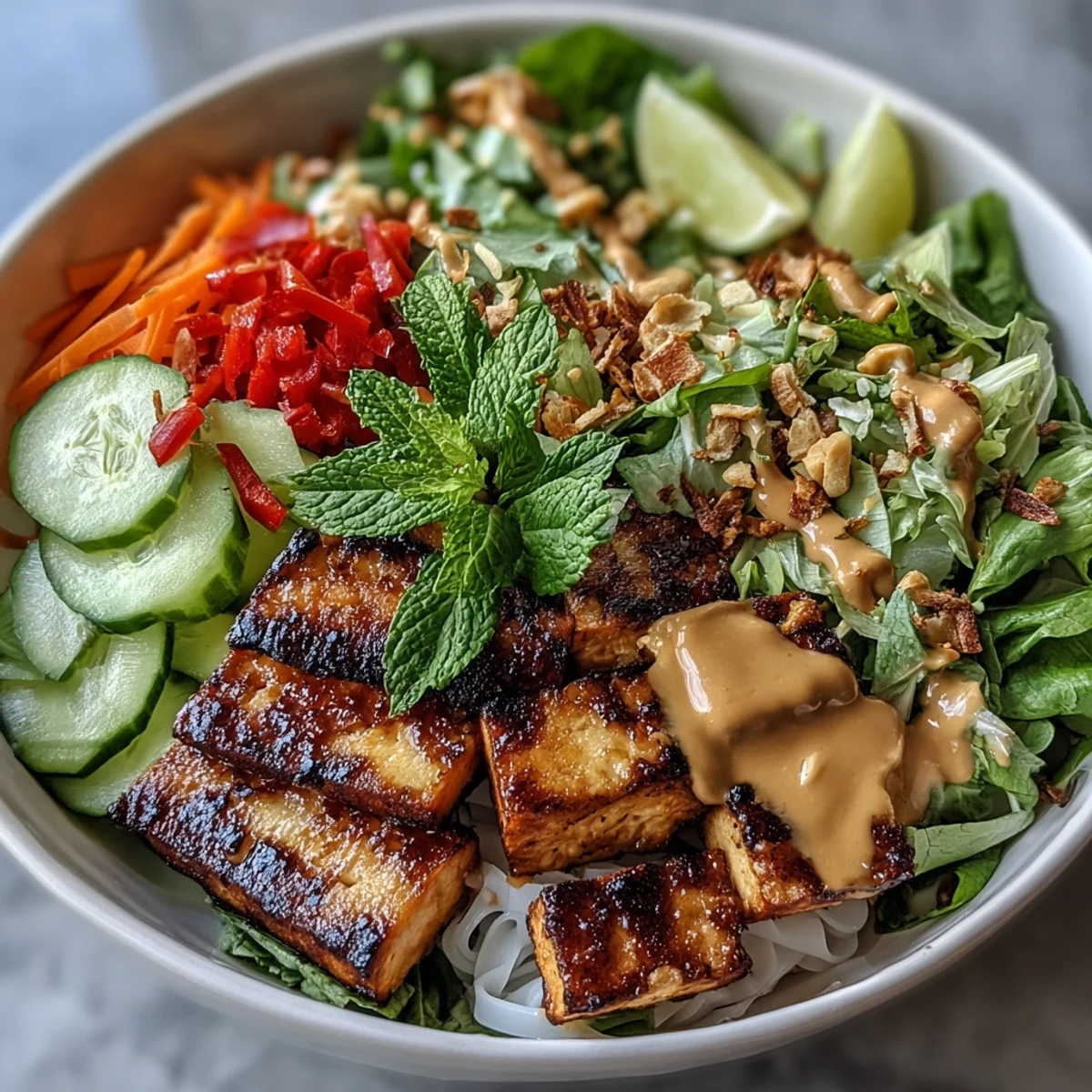 Deconstructed Rice Paper Roll Bowl with crisp vegetables and creamy peanut sauce drizzled over the top.
