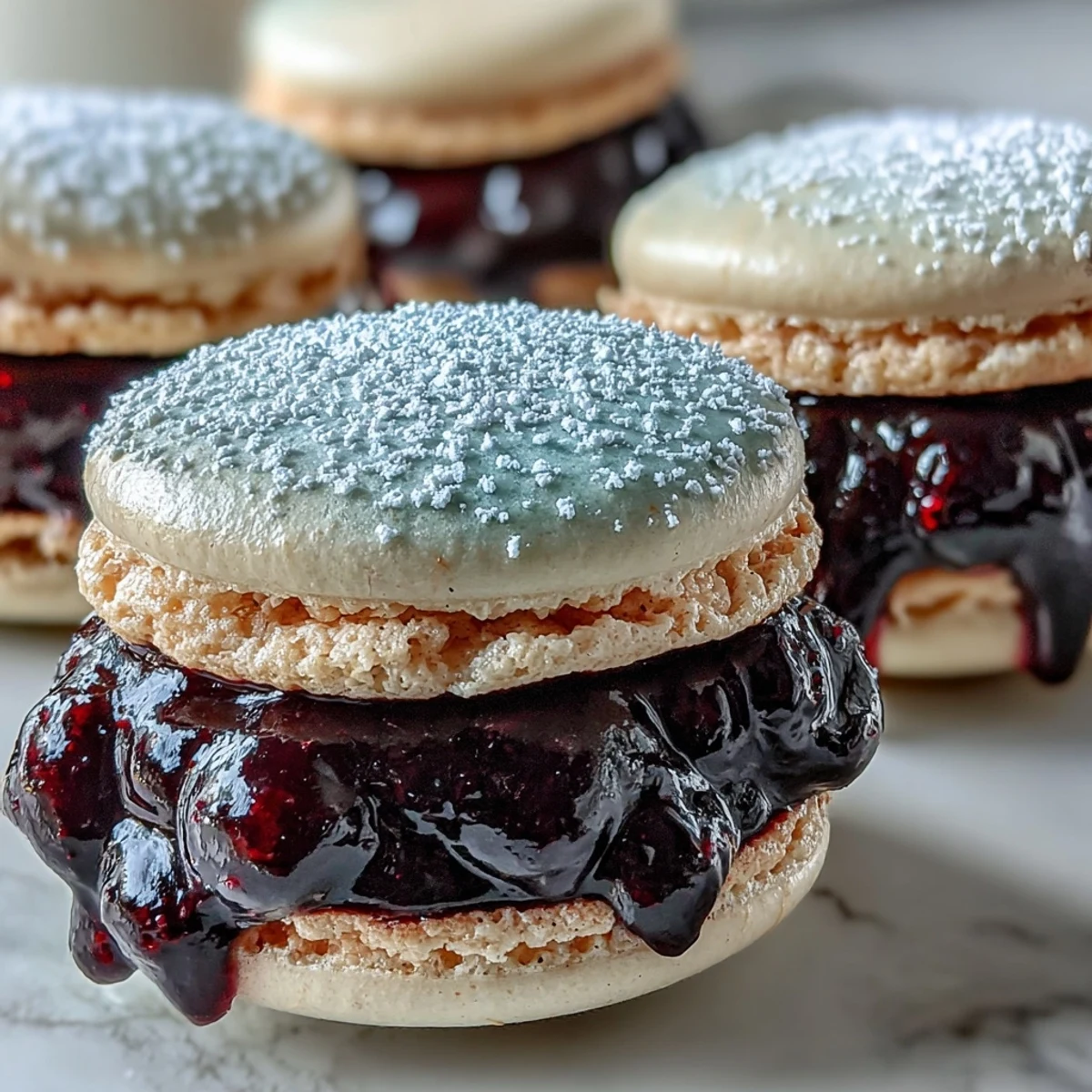 Stacked purple Black Currant Macarons with crisp shells and a glossy ganache filling sit on a white plate.