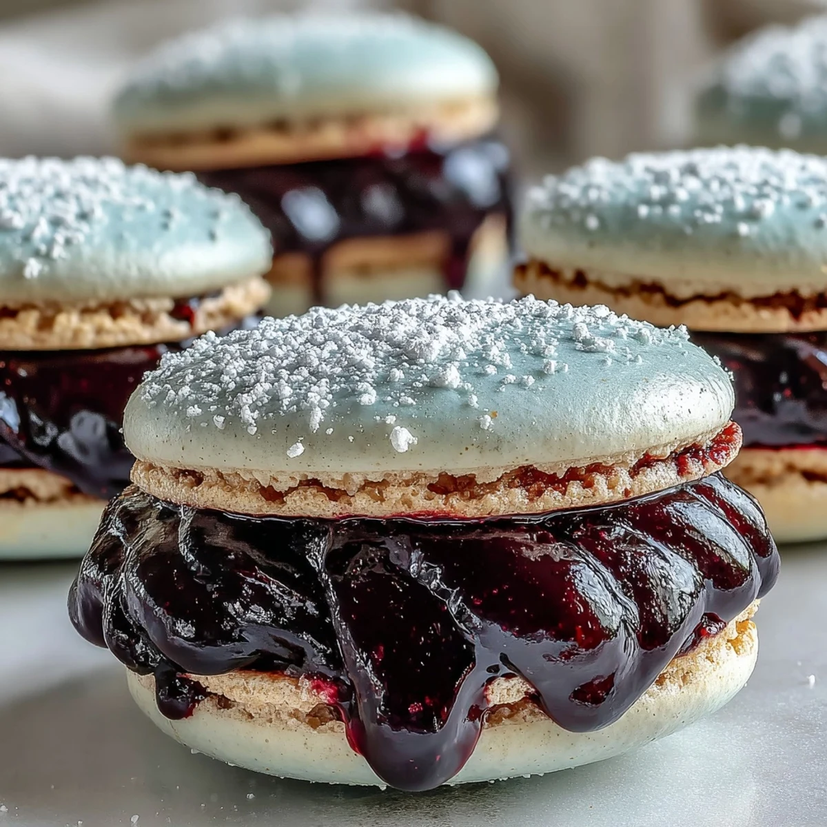 Elegant Black Currant Macarons are plated for serving, dusted with powdered sugar alongside a steaming cup of tea.