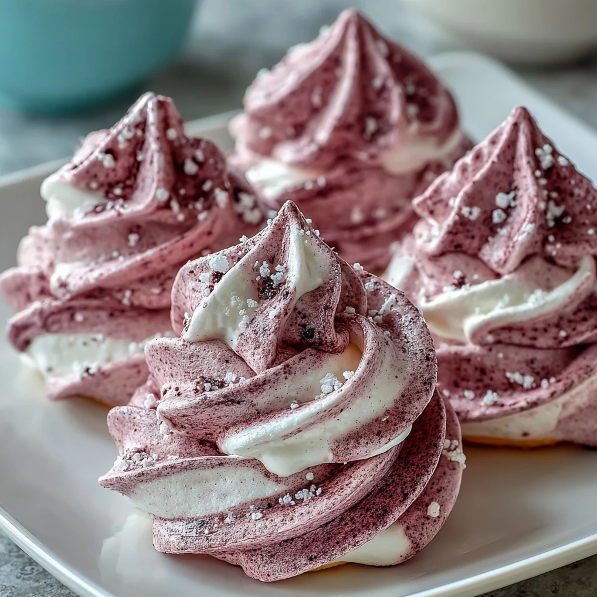A close-up of crisp Black Currant Meringues dusted with vibrant blackcurrant powder on a white plate.