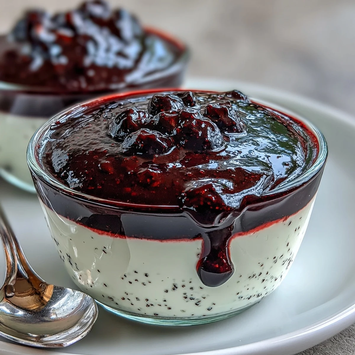 Creamy Black Currant Panna Cotta with glossy berry glaze in ramekins.