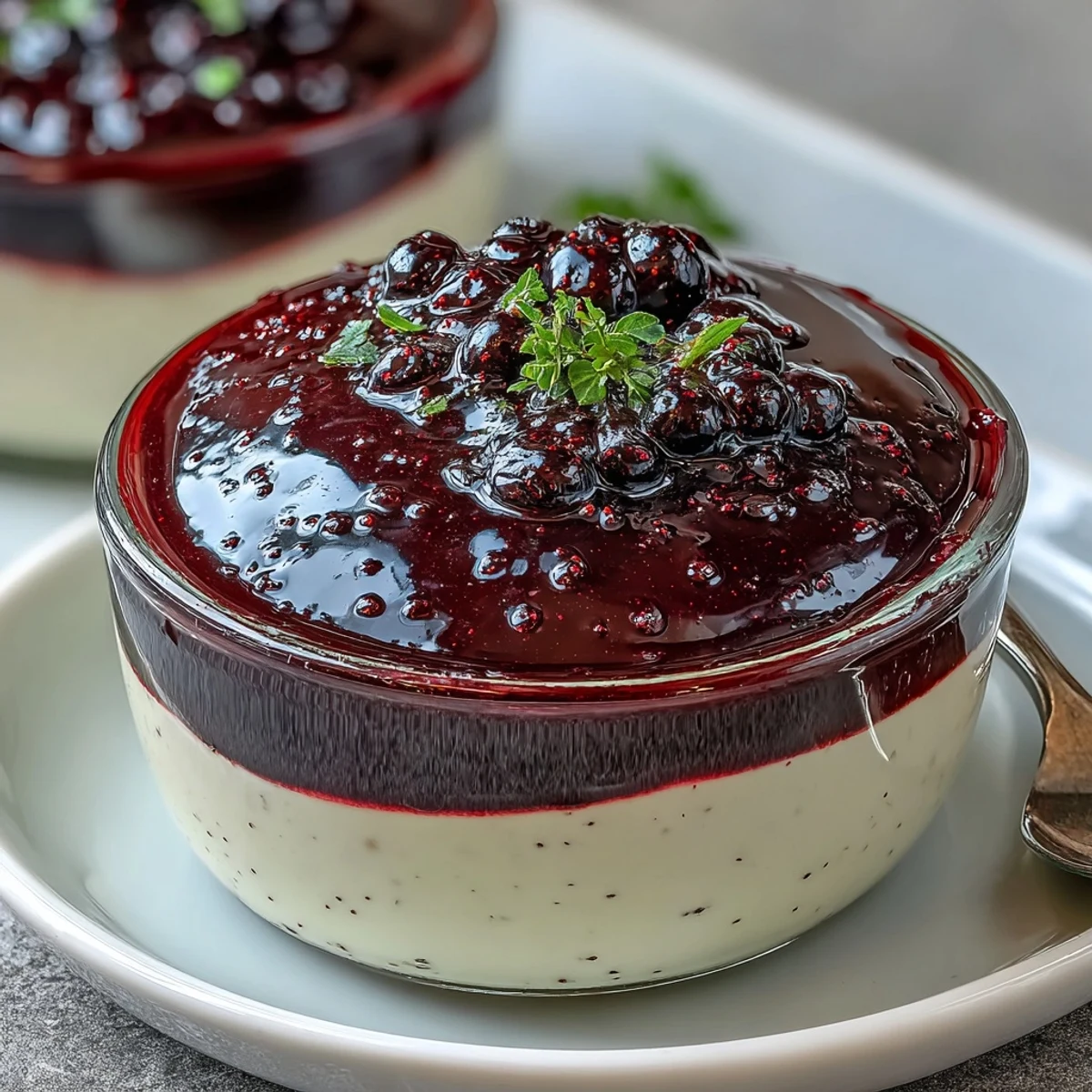 Chilled Black Currant Panna Cotta topped with fresh berries and cream.