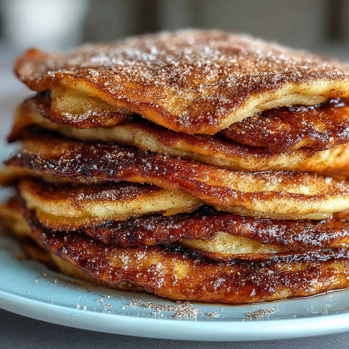 A stack of fluffy Spanish Churro-Inspired Pancakes served on a plate with a drizzle of warm chocolate sauce.