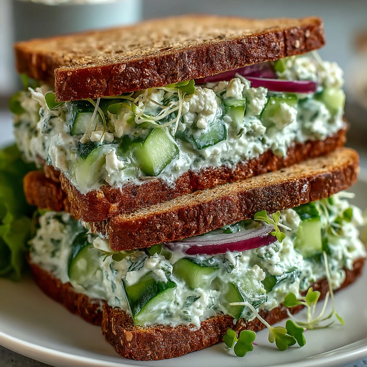 Whole grain bread slices are layered with creamy cucumber salad and crisp alfalfa sprouts for a fresh, light lunch.