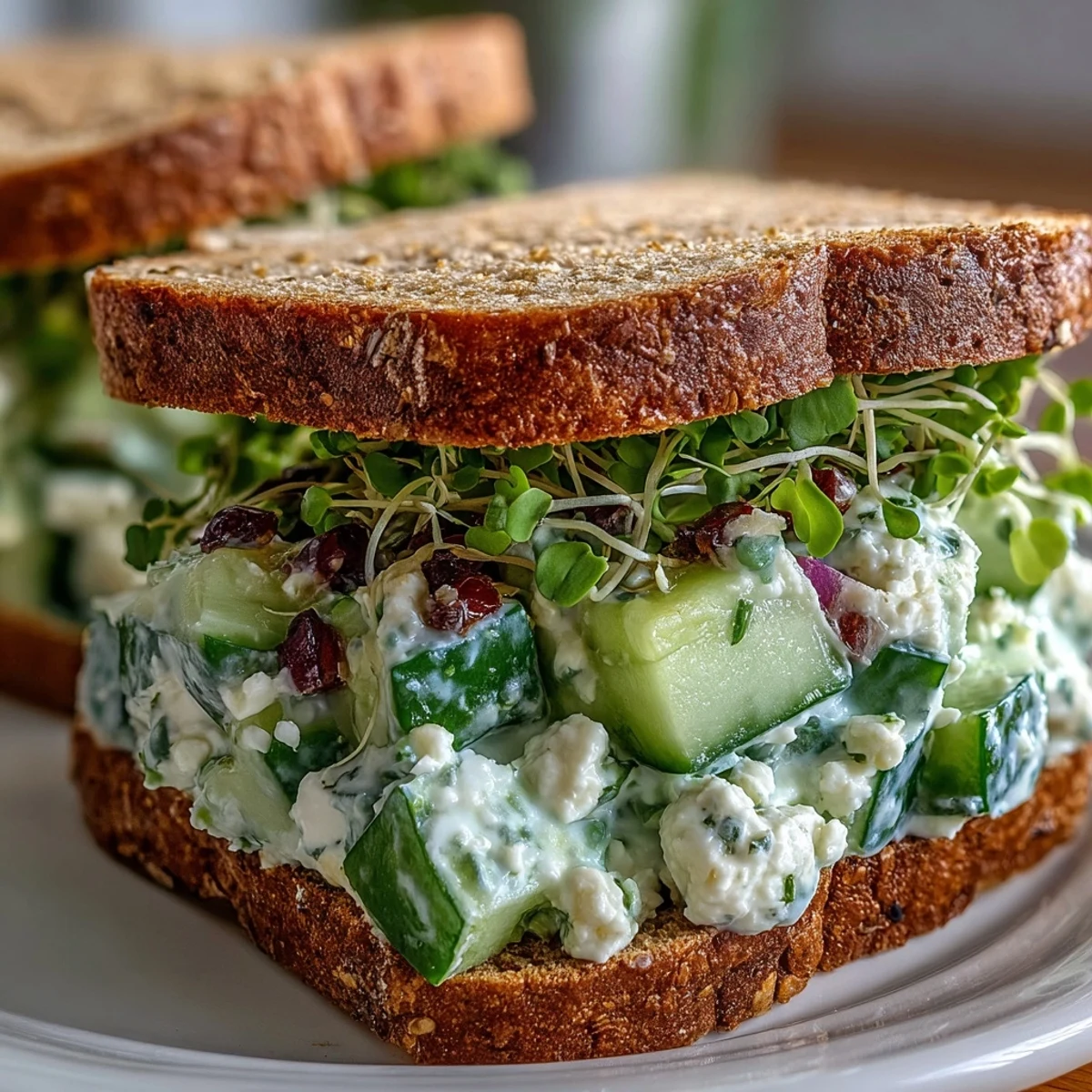 A close-up view shows diced cucumber and feta in Greek yogurt, piled onto whole-grain bread.