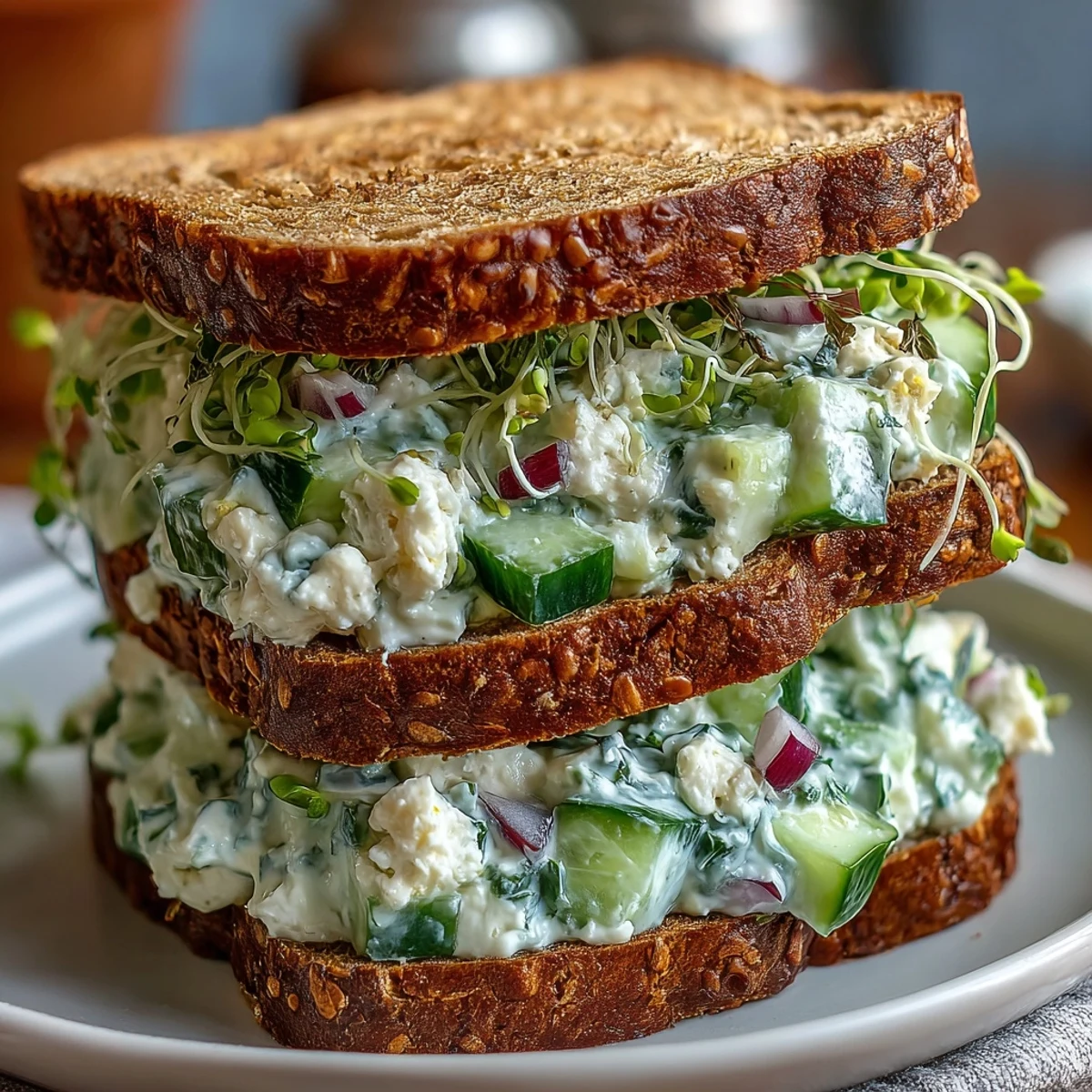 Freshly made Easy Cucumber Salad Sandwiches on a plate, ready for a quick vegetarian lunch.