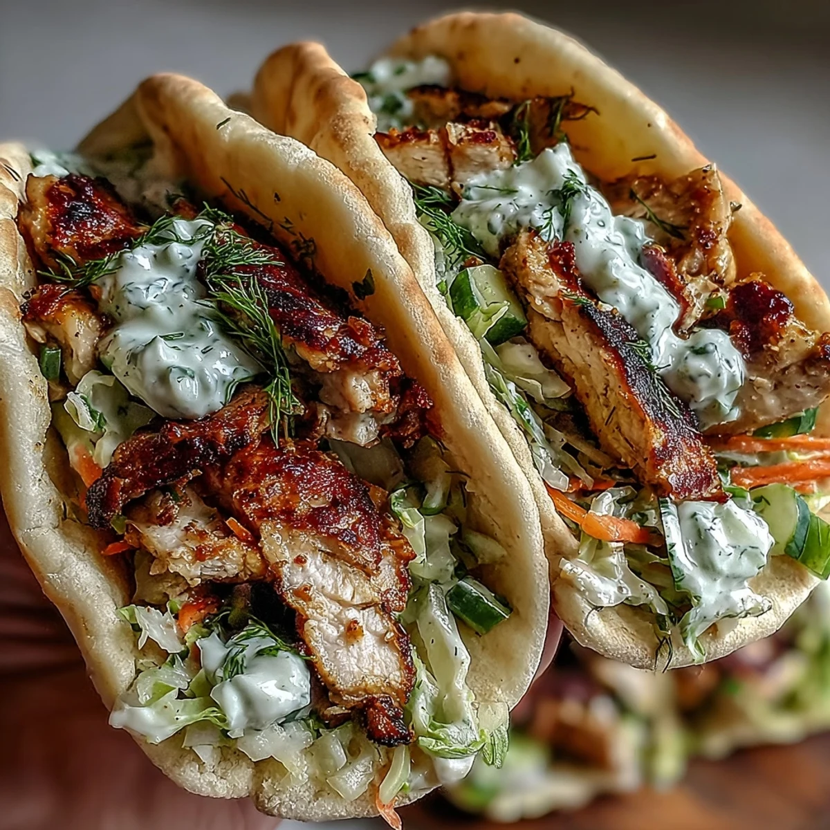 Freshly grilled, spiced chicken slices rest inside a warm pita pocket, overflowing with a vibrant, creamy herby ranch slaw and fresh greens.