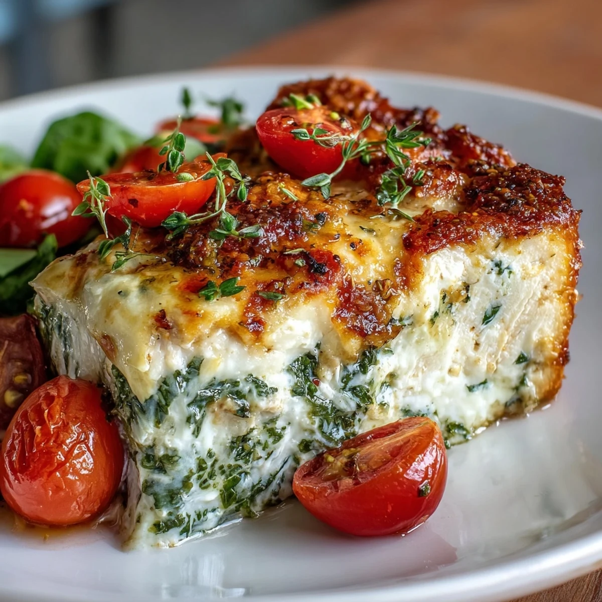 Freshly baked High Protein Chicken Breasts topped with melted mozzarella, vibrant spinach, and juicy cherry tomatoes, straight from the oven.