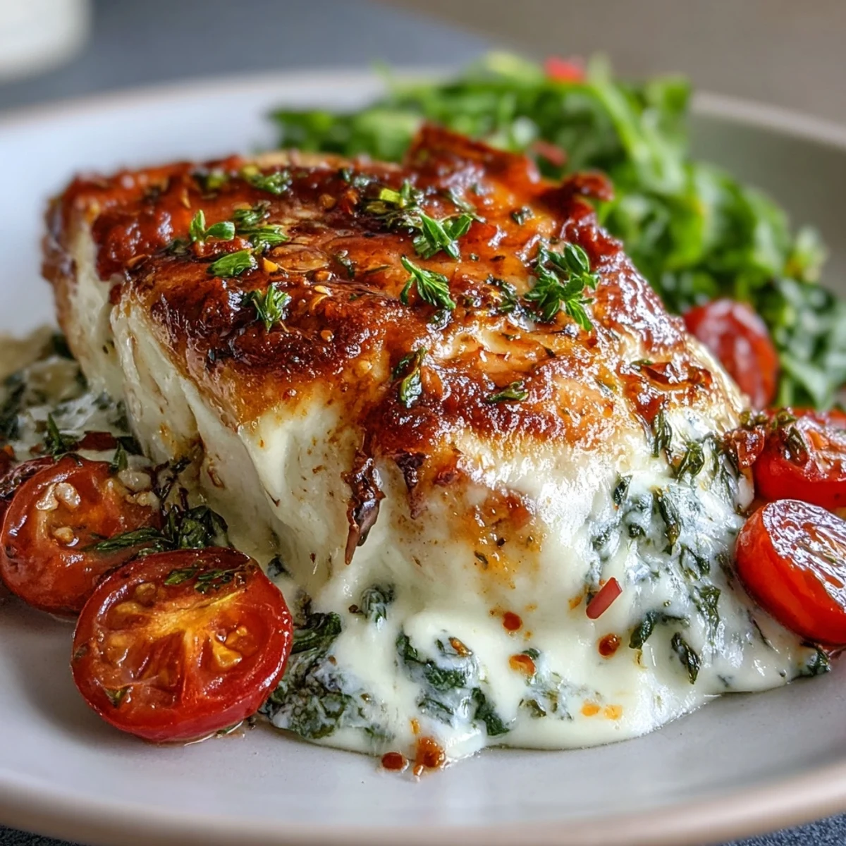 Sliced High Protein Chicken Bake revealing tender meat layered with creamy Greek yogurt, spinach, and tomatoes on a plate.